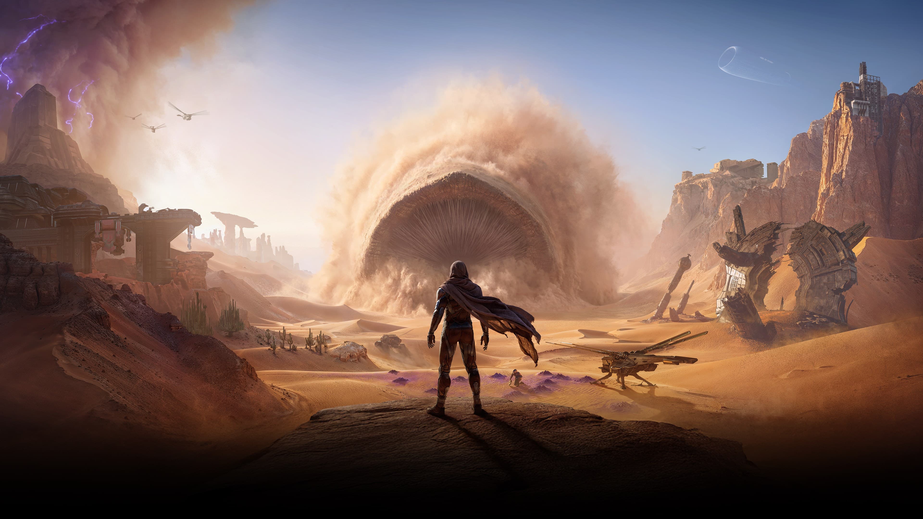 Arte oficial de Dune: Awakening com personagem e verme da areia em Arrakis