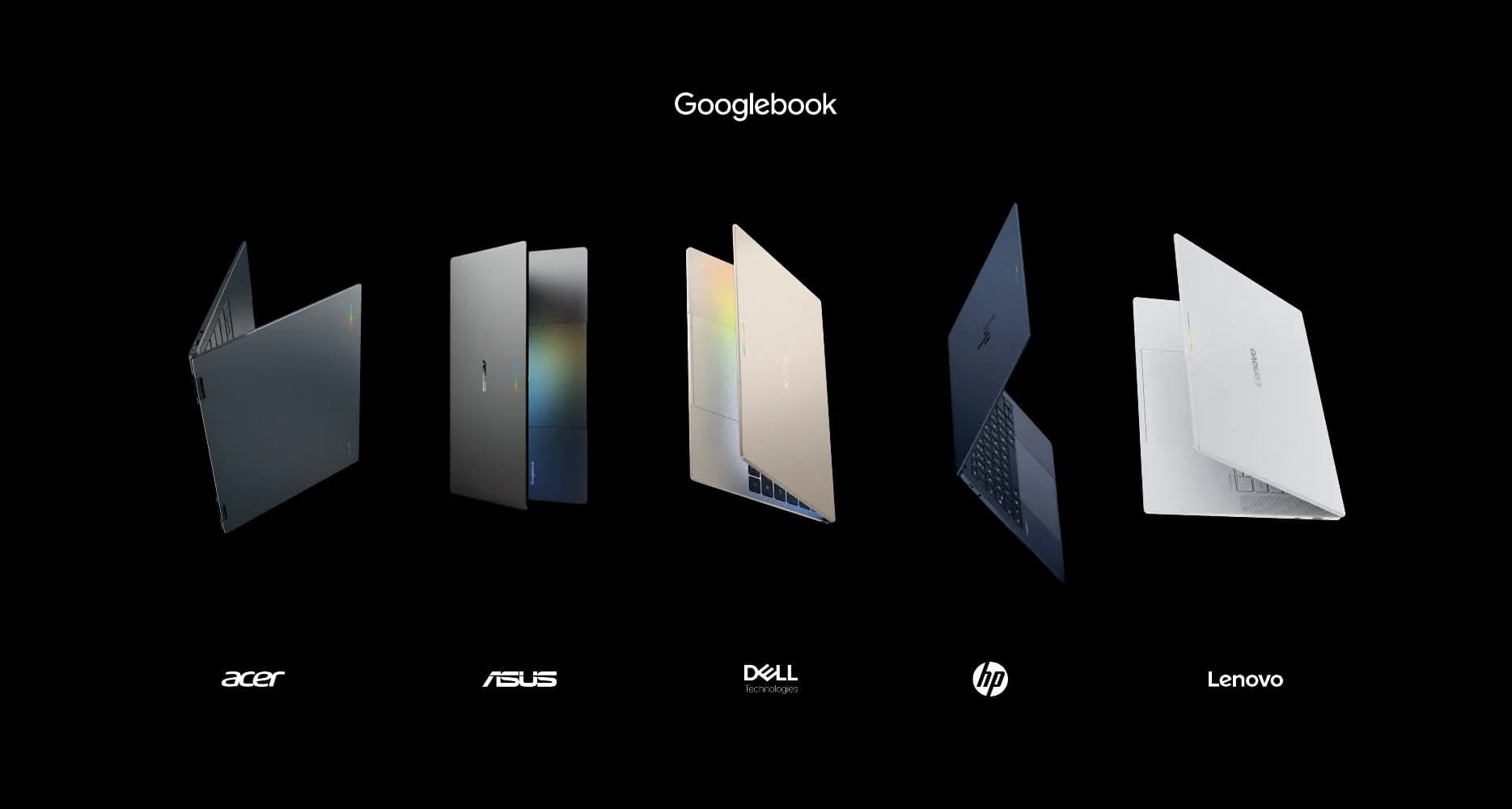 Os cinco Googlebooks de lançamento, de Acer, ASUS, Dell, HP e Lenovo, sobre fundo preto