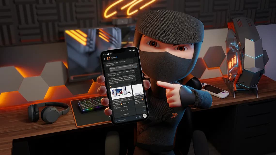 Tela do Compre com o Ninja, assistente de compras da KaBuM no WhatsApp