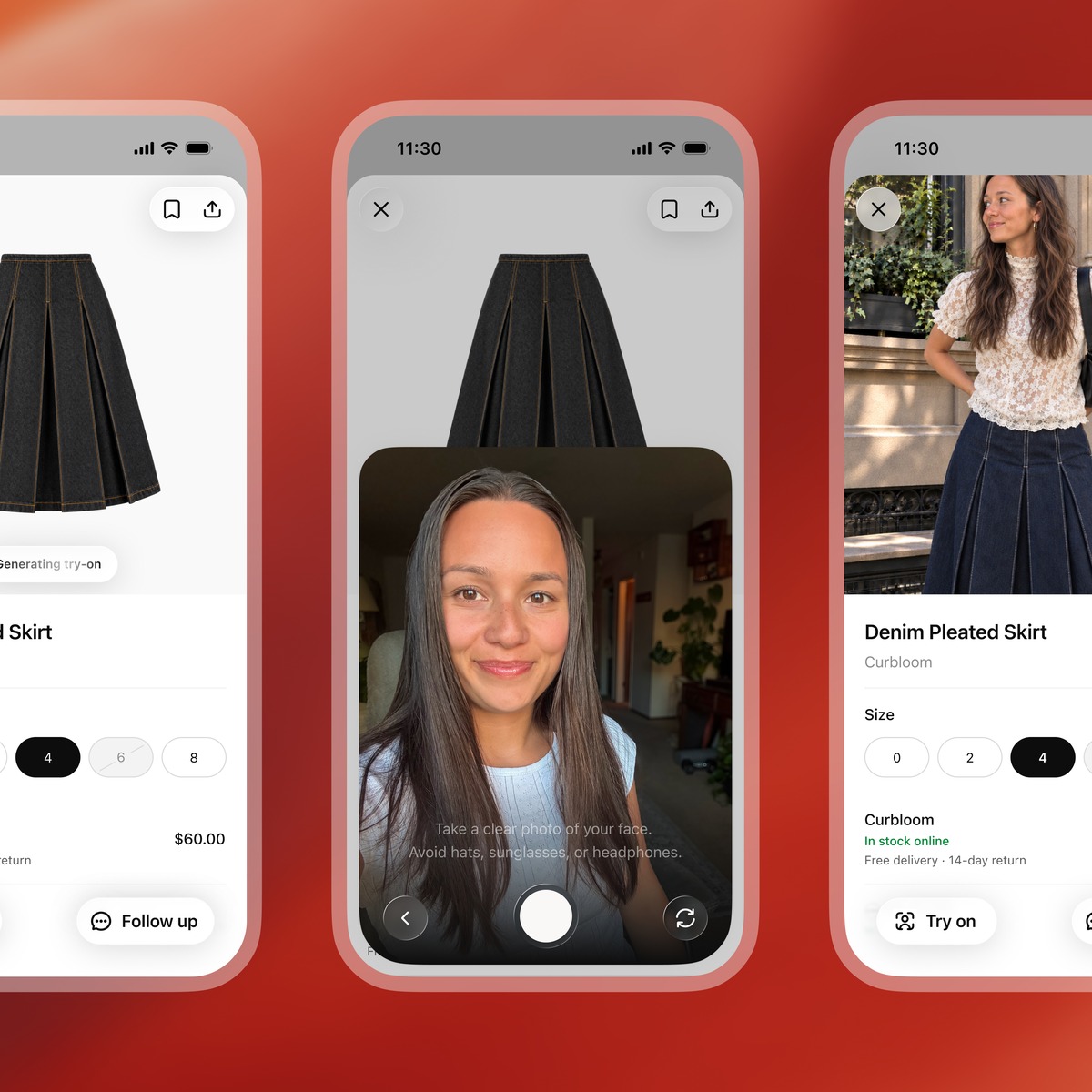 Três telas de celular lado a lado mostrando a interface do ChatGPT com uma saia plissada escura, a captura de selfie frontal e o resultado final da peça vestida em uma modelo