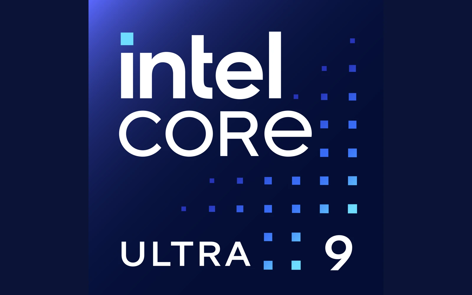 Logotipo oficial Intel Core Ultra 9 em letras brancas sobre fundo azul escuro degradê com padrão geométrico de pequenos quadrados azuis e celestes ao redor do texto
